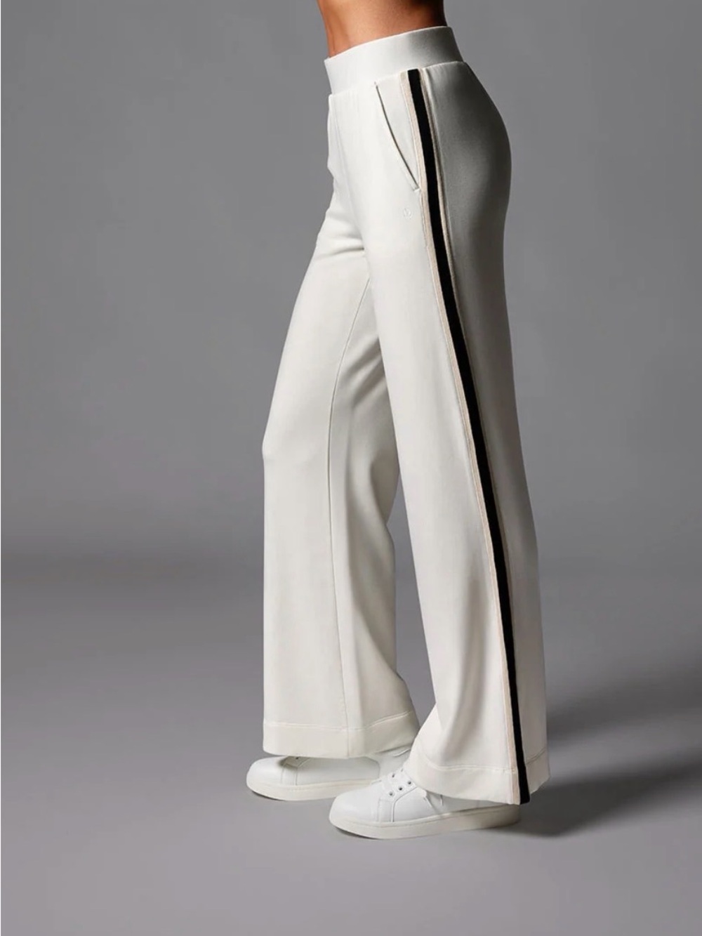 Taviluxe High-Rise Wide-Leg Track Pants with Black Side Stripe - White
